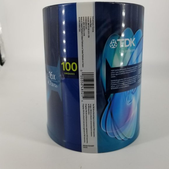 TDK DVD-R 16X  4.7 GB Compact Disc PC Computer Video Recordable 100 Spindle NEW - Picture 5 of 8